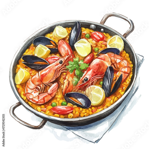 watercolor of Seafood Paella, vector, isolated on a white background.