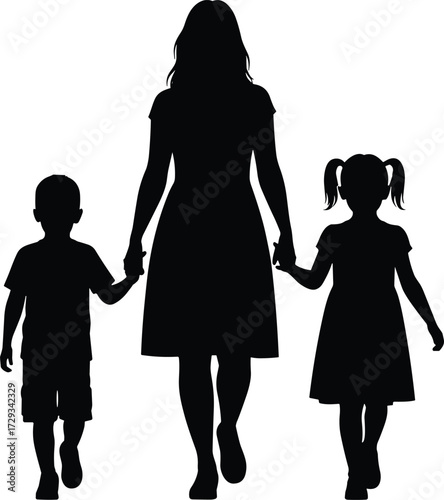 Family silhouette walking together, mother with children, parenting concept, unity, love, guardianship, childhood bond, togetherness, black and white design, illustration art