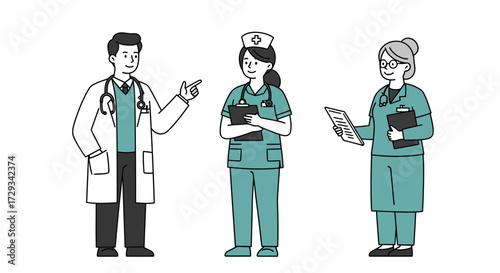 Professional medical team collaborating and discussing patient care with clipboards in a modern healthcare setting