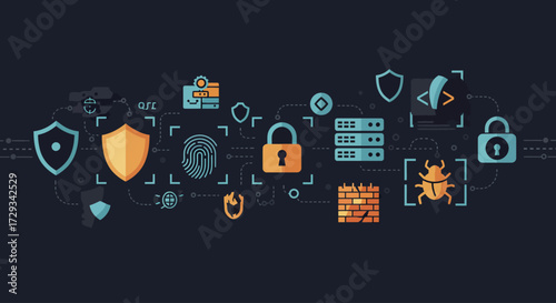 A robust flat design illustration presenting a collection of icons focused on cybersecurity and data protection.