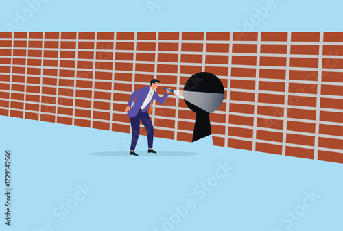 Vector illustration of a businessman using a flashlight to look through a keyhole in a brick wall, symbolizing vision, curiosity, opportunity, and exploring new possibilities
