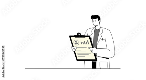 Focused doctor reviews patient chart and medical data on clipboard with graphs and user profile for diagnostics and healthcare planning