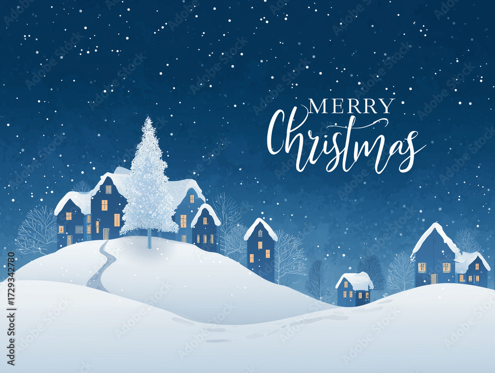 Naklejka premium Merry Christmas Winter Village Snowfall Greeting Card