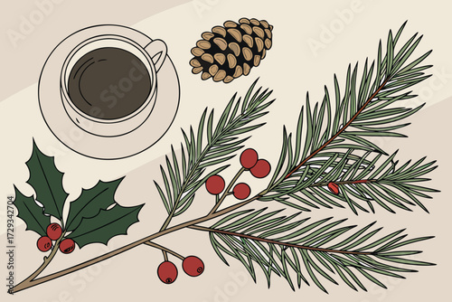  a collection of evergreen branches, pine cones, holly berries, coffee cup, and other natural elements arranged on a light background,digital illustration,highly detailed,photorealistic,cinematic li