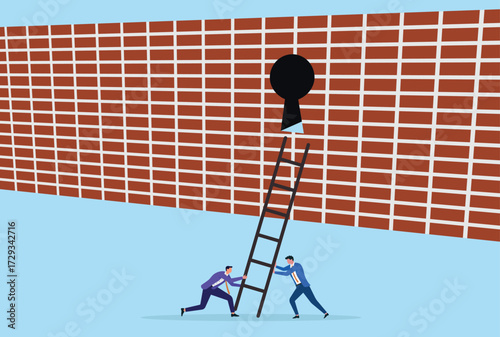 Vector illustration of two businessmen setting up a ladder to reach a keyhole in a brick wall, symbolizing teamwork, problem solving, overcoming obstacles, and finding opportunities
