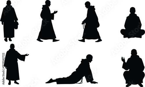 Silhouettes of Buddhist monks in various poses, including standing, walking, and meditating, representing spirituality and religious life, isolated on white