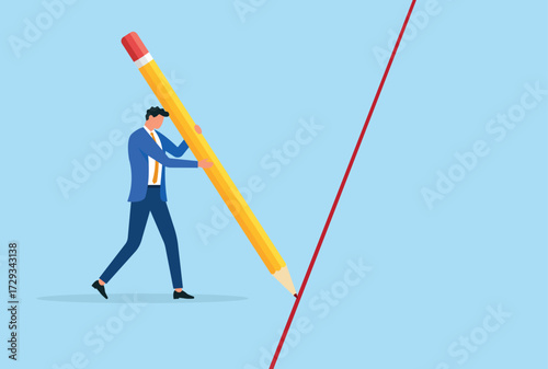 Vector illustration of a businessman drawing a red line with a giant pencil, symbolizing taking bold actions, setting limits, and making decisive moves in business
