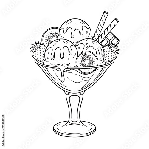 Ice cream sundae with fruit, isolated on white background