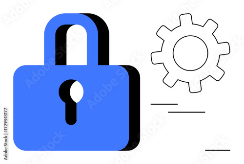 Blue padlock and cogwheel connected by minimalist lines. Ideal for security, technology, data privacy, software, innovation, processes, reliability. A simple flat metaphor