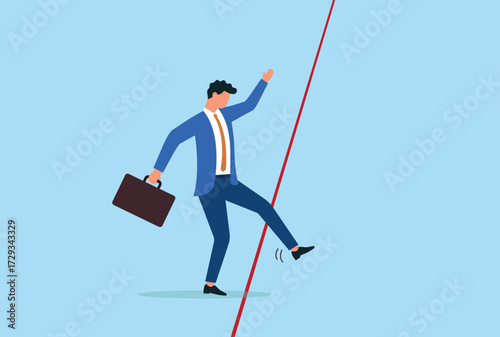 Vector illustration of a businessman trying to cross the red line, representing risk taking, challenging limits, and striving for success in business and life

