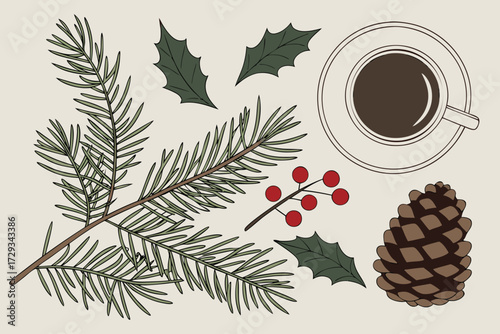  a collection of evergreen branches, pine cones, holly berries, coffee cup, and other natural elements arranged on a light background,digital illustration,highly detailed,photorealistic,cinematic li