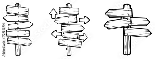 Set of Hand Drawn Wooden Signposts with Arrows