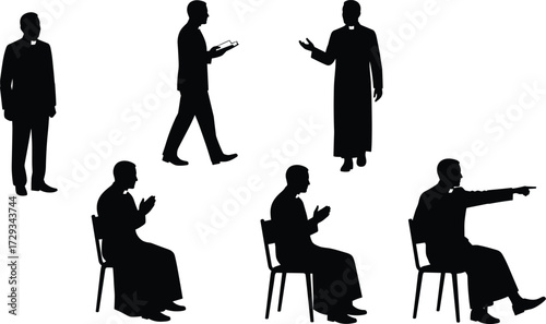 Silhouettes of Catholic priests or clergy, in various poses, standing, walking, and sitting, representing faith and religious life, isolated on white