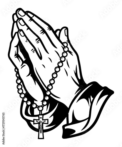 Praying Hands Holding a Rosary with a Cross