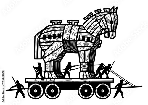 Trojan Horse from Greek Mythology in a Woodcut Style