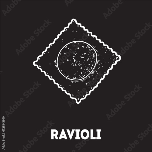 Pasta ravioli sketch. Italian food. Hand drawn vector illustration. Ravioli pasta Engraved style. Detailed black and white illustration.