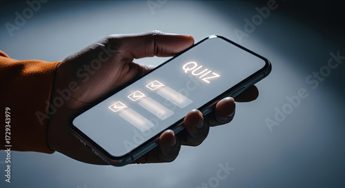 Taking a Quiz on Smartphone: Hand Holding Mobile Phone with Quiz App, Online Education, Testing Knowledge, E-learning, and Digital Assessment Concept