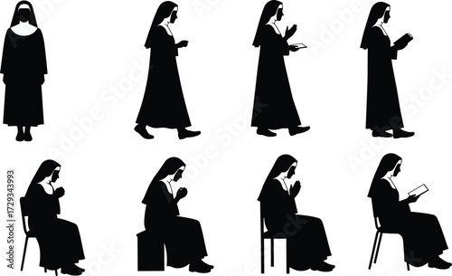 Silhouettes of Catholic nuns in various poses, standing, walking, and praying, representing devotion and faith, isolated on white