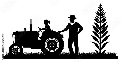 Farmer with His Daughter on a Vintage Tractor Silhouette
