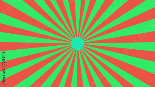Abstract green and coral striped background radiating from a central point