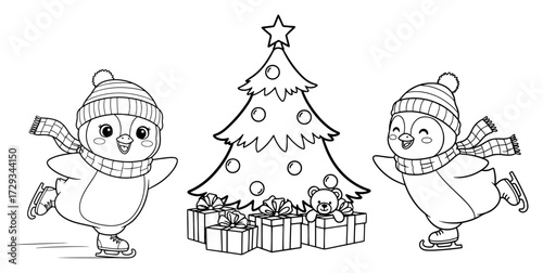 Cute Penguins Ice Skating for a Christmas Celebration