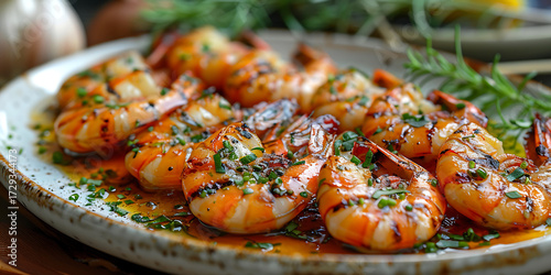 Grilled shrimp with herbs on a plate close up view food