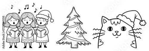 Christmas Doodle Set with Carol Singers and a Cat