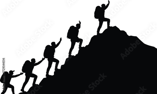 Hiking, trekking, teamwork, mountain climbing, adventure, success, silhouette, group, outdoor, journey, challenge, exploration, summit, victory, unity, nature, climbing,
