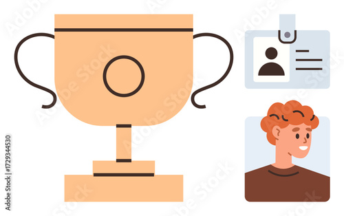 Golden trophy beside employee ID badge and smiling portrait characterizes reward, success, and celebration. Ideal for workplace appreciation, career growth, motivation, human resource, goals, team