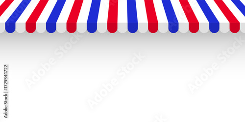 Shop sunshade. Realistic striped cafe awning. Outdoor market tent. Roof canopy in French flag colors. Summer street store. Vector illustration.