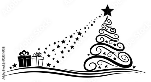 Abstract Christmas Tree With a Star Trail black shape vector laser cutting engraving monochrome print