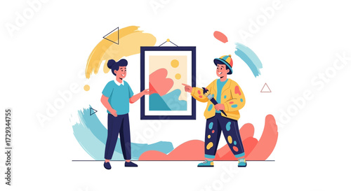 Artistic Collaboration And Showcase Of Abstract Painting In A Modern Art Gallery Display.