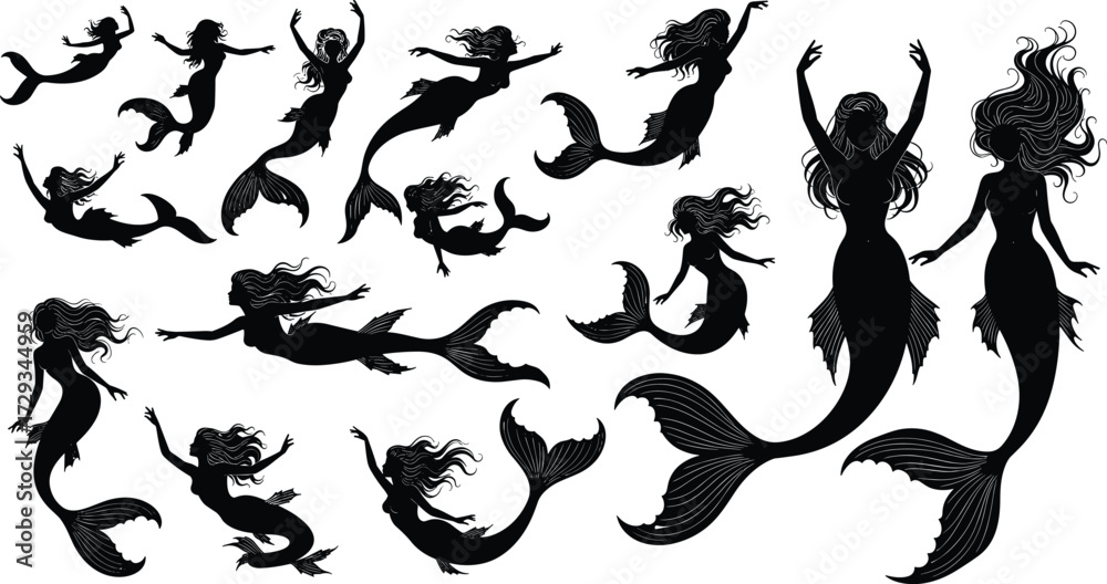 Fototapeta premium Mermaid silhouettes, fantasy sea creatures, mythical underwater design, ocean illustration, aquatic beauty, swimming mermaids, decorative art, marine mythology, mystical tails, vector artwork
