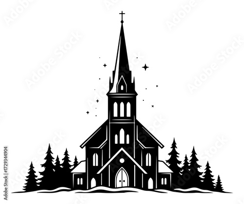 Winter Christmas Church in a Snowy Forest