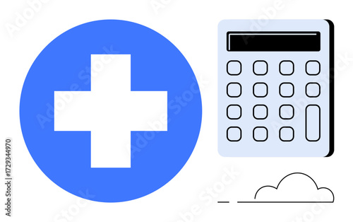 Blue medical cross beside a simple calculator with a minimal cloud illustration. Ideal for healthcare budgeting, financial planning, pharmacy, hospital management, insurance, healthcare analytics