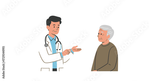 Caring doctor explaining treatment plan to senior patient, promoting healthcare and well-being in a reassuring, supportive consultation, modern medical setting