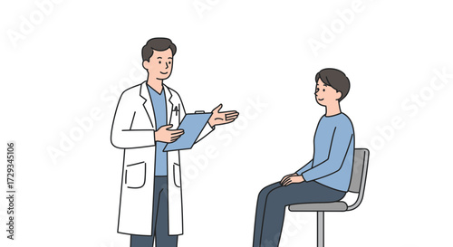 Professional doctor consults with patient, discussing medical results with clipboard, conveying care and expertise in a clean, modern illustration style.