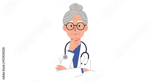Thoughtful elderly female doctor with stethoscope contemplating a diagnosis with a serious expression, conveying expertise and concern for patient care.