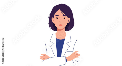 Confident professional woman in lab coat with arms crossed, conveying expertise and calm authority in a modern healthcare setting.