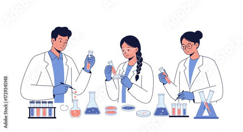 Scientists collaborating on innovative research, holding test tubes and petri dishes in a modern laboratory setting, showcasing discovery and progress.