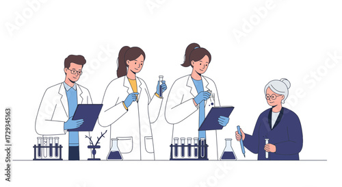 Scientists collaborate on research experiments with test tubes and beakers in a modern laboratory setting, showcasing innovation and discovery.