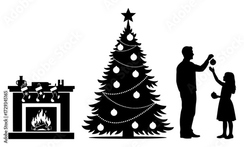 Family Decorating a Christmas Tree Silhouette Set