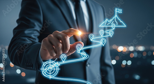 Strategic Business Plan: Businessman Tracing Path to Success on Digital Interface, Setting Goals, Achieving Targets, and Navigating Challenges Ahead.