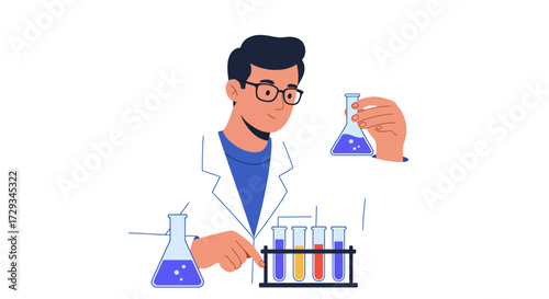 Scientist conducting chemical experiments in a modern laboratory with test tubes and beakers, innovative research concept