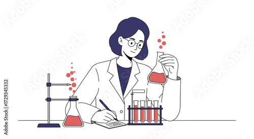 Dedicated female scientist conducting laboratory research with flasks, test tubes, and notes, creating vibrant scientific illustrations