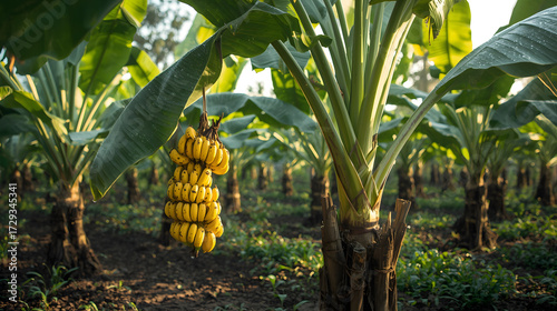 Banana Bunches on Banana Tree in Sunlit Plantation