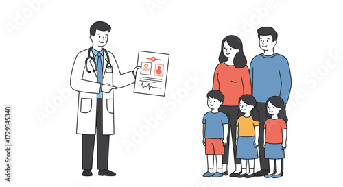 Doctor discussing medical results with happy family, promoting health, wellness, and preventative care in a modern illustration
