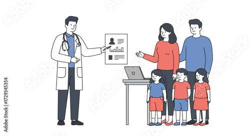 Doctor explaining medical results to a family, discussing health, family planning, children's well-being, and future care in a modern setting