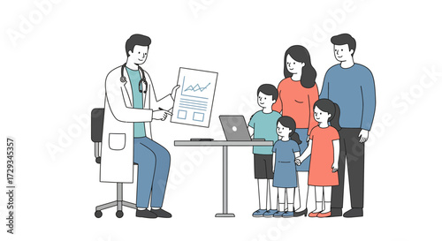 Doctor explaining medical results to family with children, providing health care advice and support in modern clinic setting