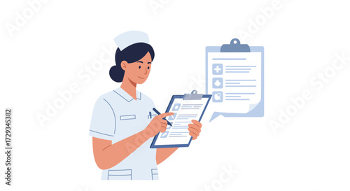 Caring nurse diligently records patient information on clipboard, symbolizing healthcare dedication and medical professionalism in modern practice.